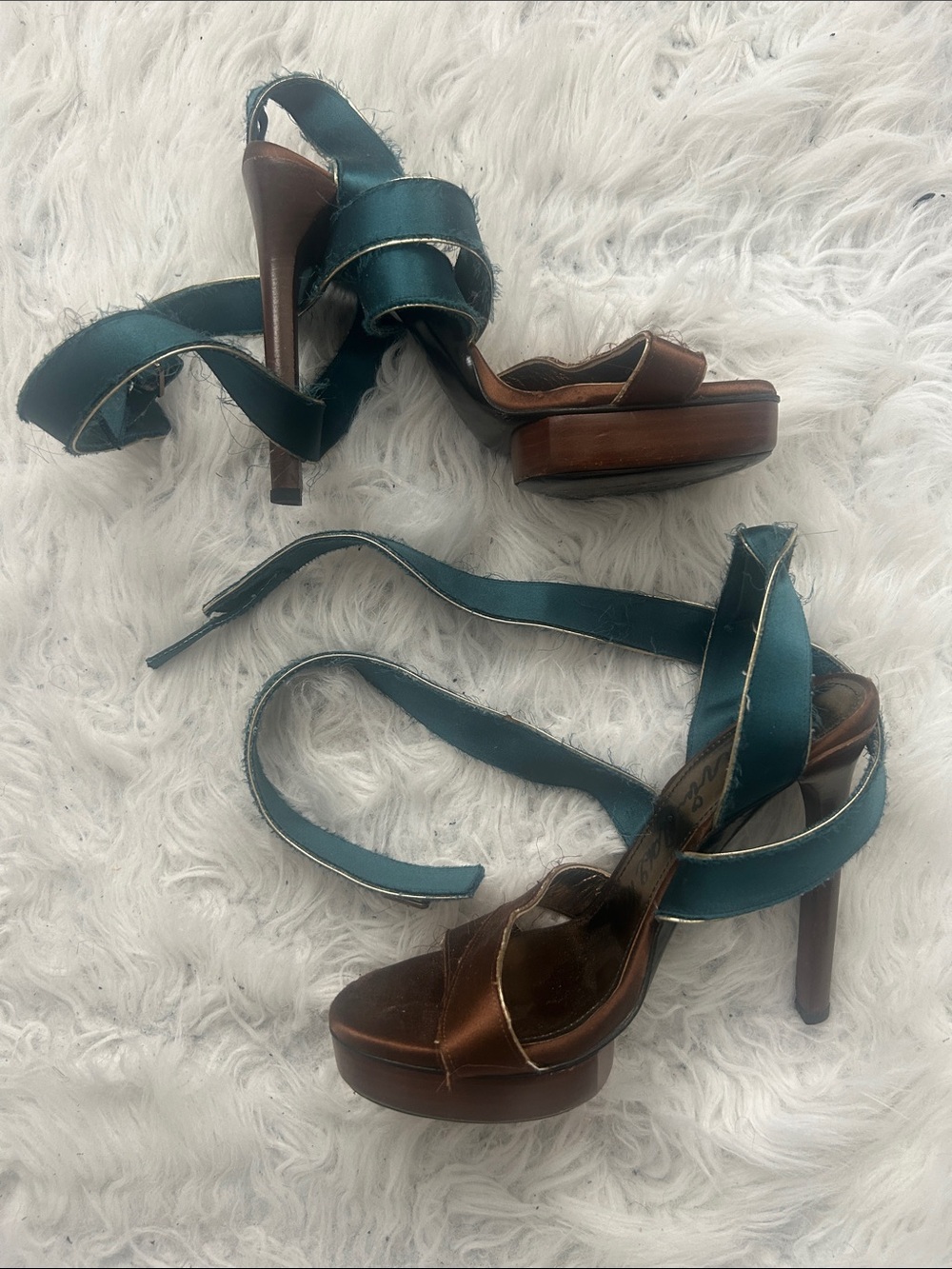 Lanvin brown teal open strappy wrap ankle heels with ribbon straps, size 8